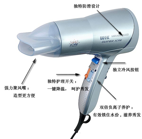 德國偉嘉(WIK) 大功率電吹風(fēng)機 5558.20 cica(2000w、7倍超強負離子、4檔雙冷風(fēng)、高濃度負離子、9種熱力)